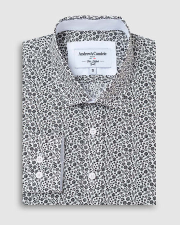 Camisa Casual popelin estampada - Cuello Italiano  puño simple 2 botones regulables regular negro