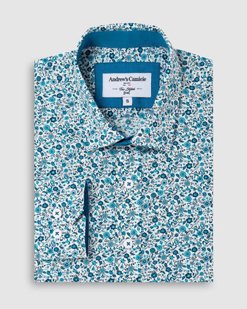 Camisa Casual popelin estampada - Cuello Italiano  puno simple 2 botones regulables regular turquesa