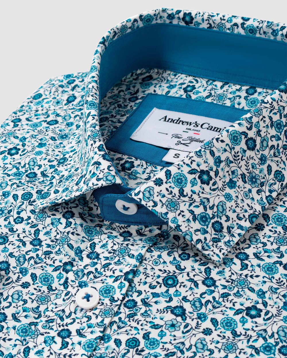 Camisa Casual popelin estampada - Cuello Italiano  puno simple 2 botones regulables regular turquesa