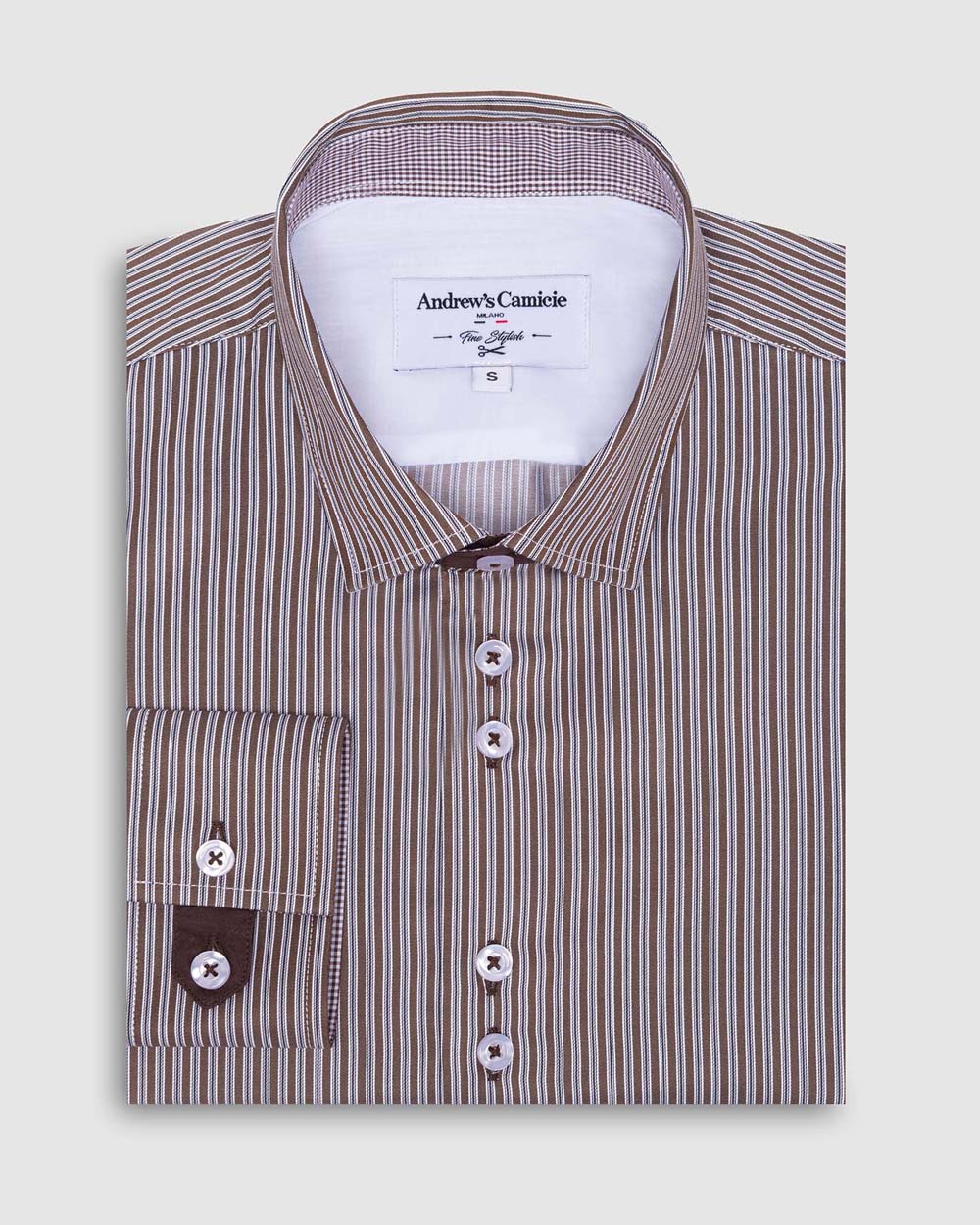 Camisa Casual dobby satín - Cuello Italiano  puño recto 2 botones regular marron
