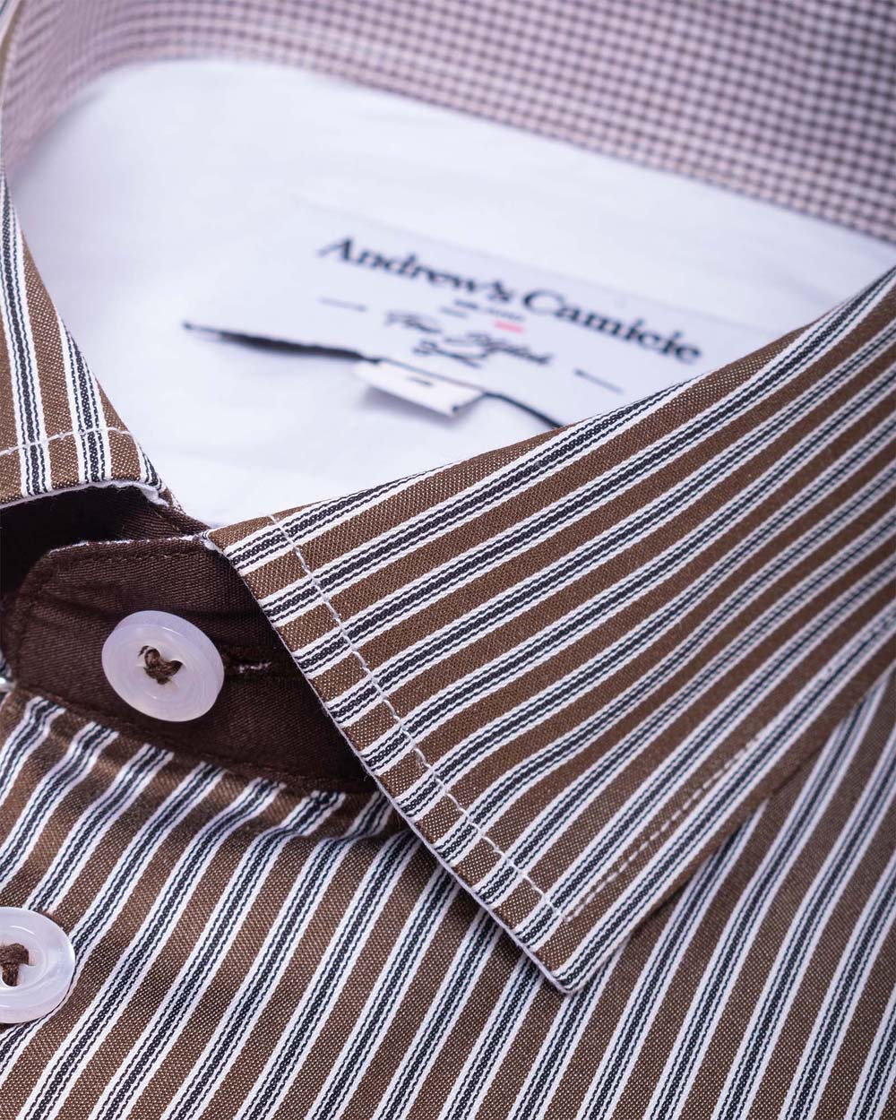 Camisa Casual dobby satín - Cuello Italiano  puño recto 2 botones regular marron