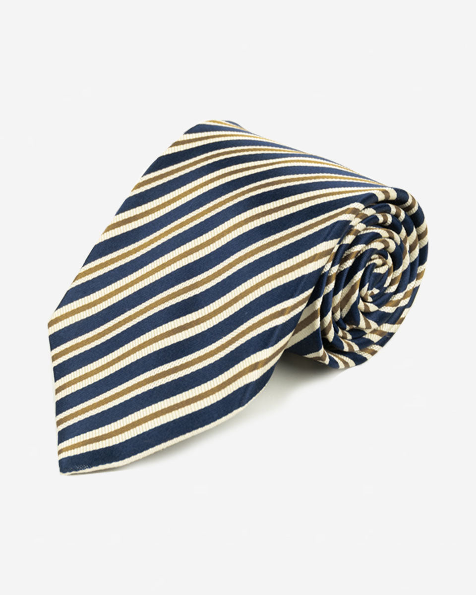 Corbata Azul con Rayas Blancas y Doradas
