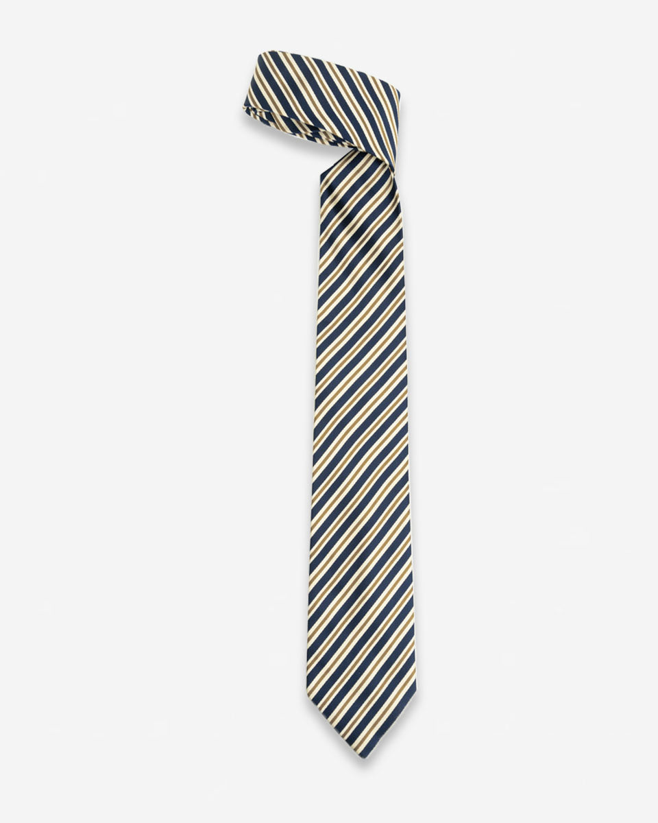 Corbata Azul con Rayas Blancas y Doradas
