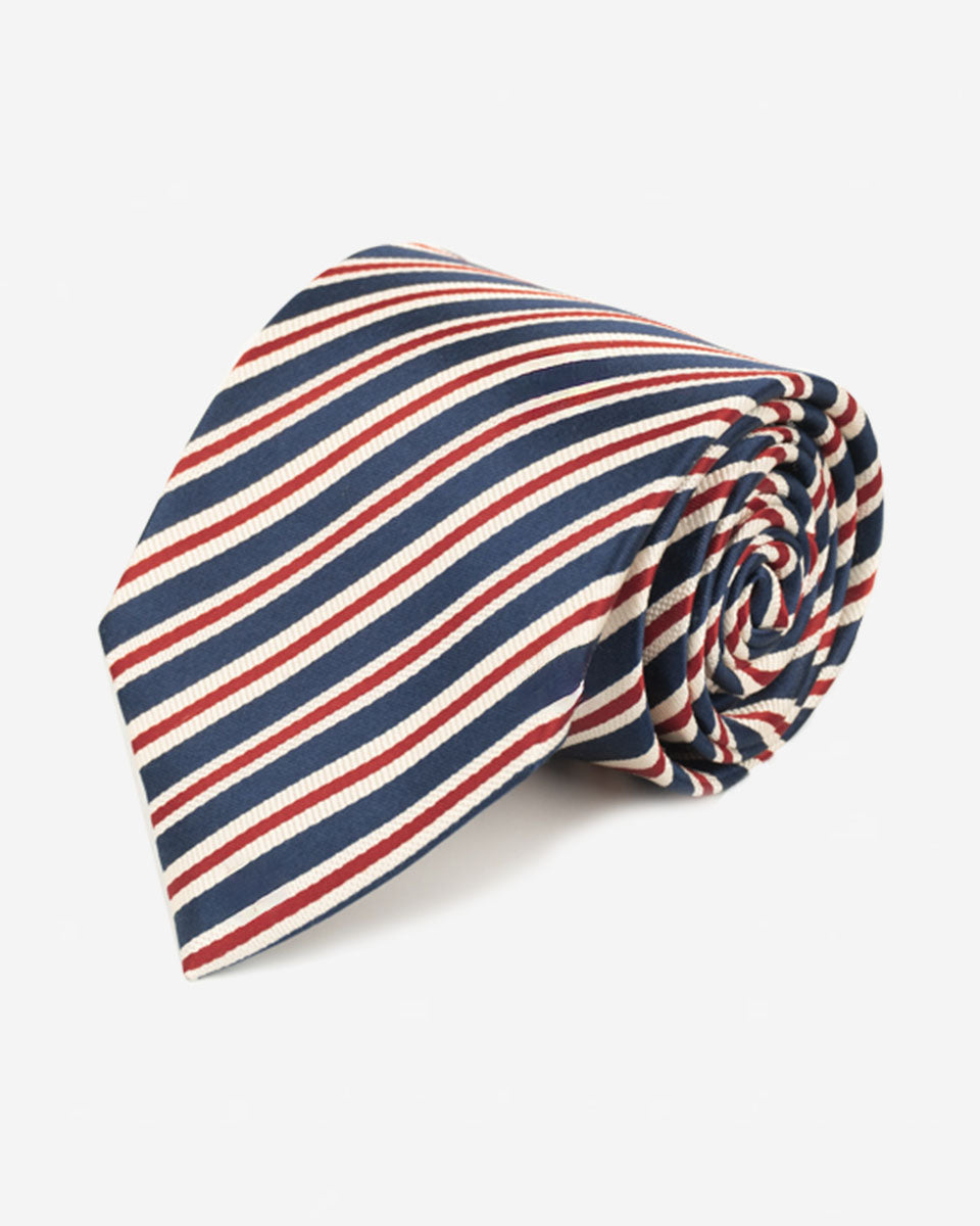 Corbata Azul con Rayas Blancas y Naranjas