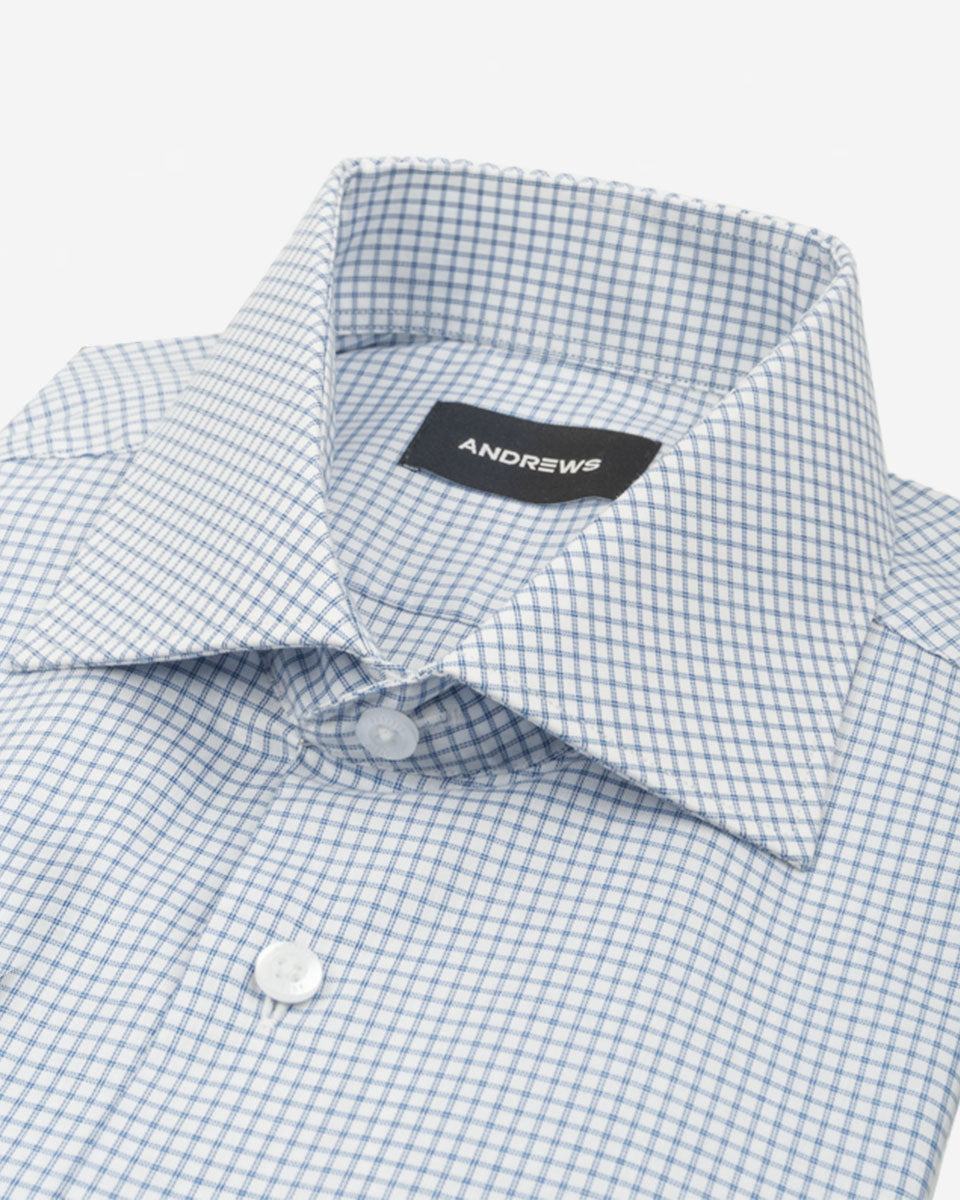 Camisa de Vestir Blanca con Cuadros Azules Puño Simple