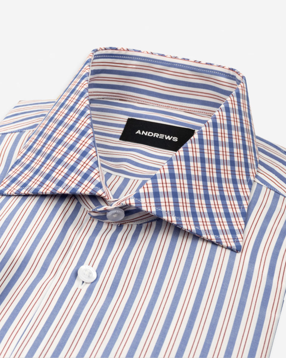 Camisa de Vestir Azul-Detalle en el Cuello y Puño a Contraste Rojo