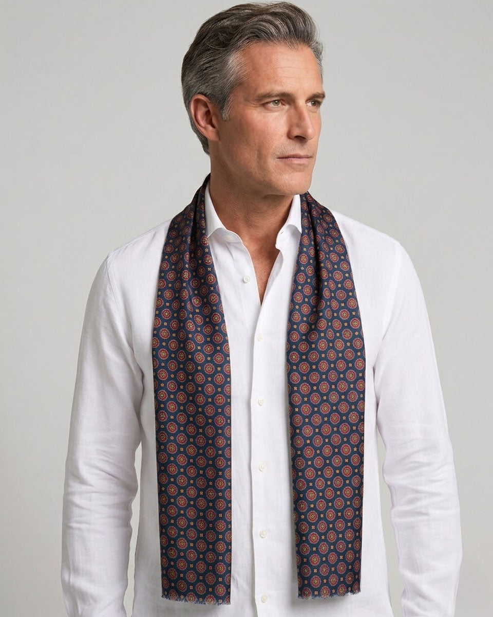 Bufanda - Foulard Azul con Diseño Rojo
