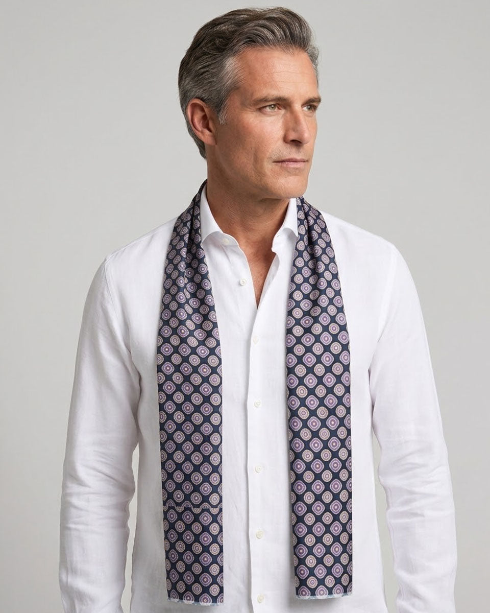 Bufanda - Foulard Azul Oscuro con Diseño Lila