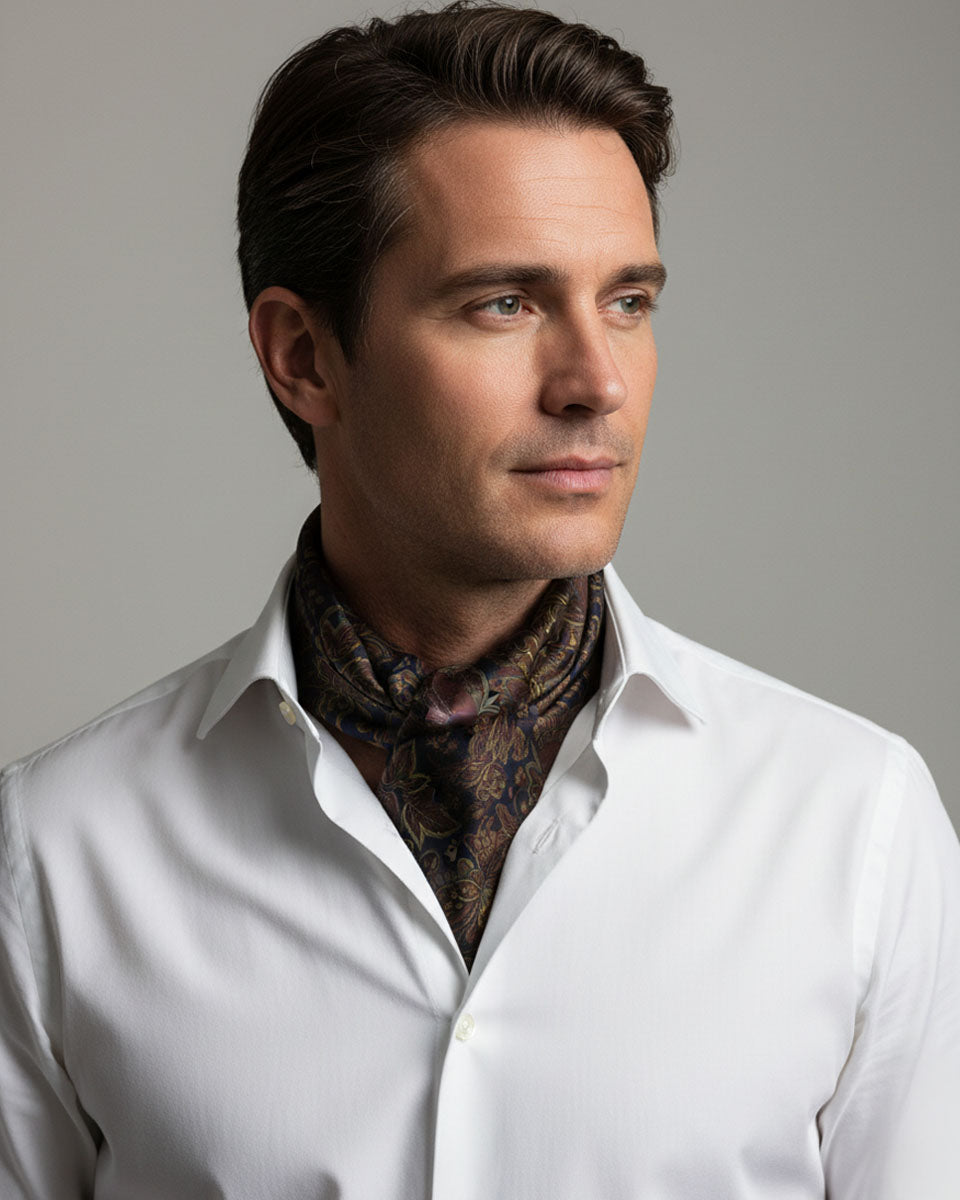 Bufanda - Foulard Azul Oscuro con Diseño Marrón