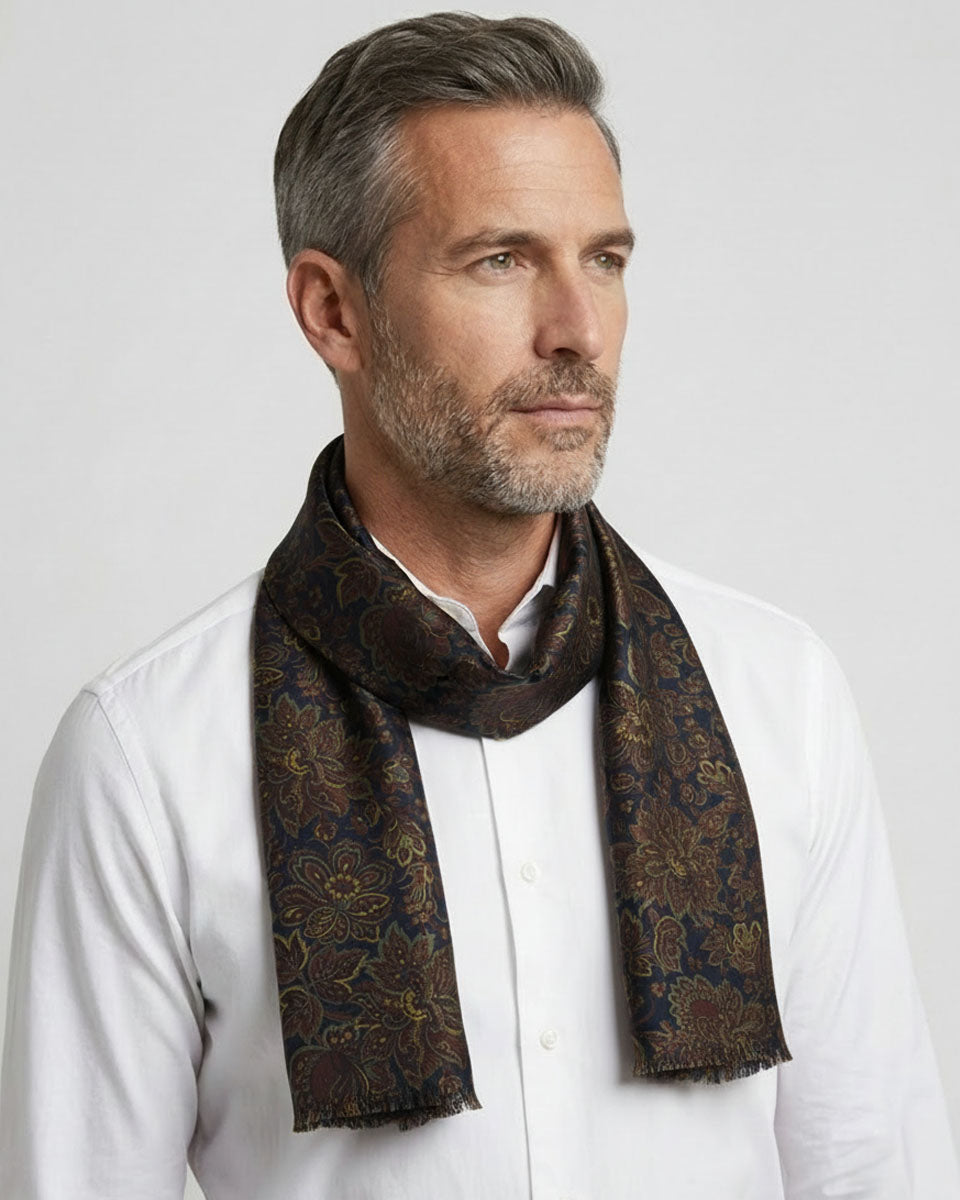 Bufanda - Foulard Azul Oscuro con Diseño Marrón