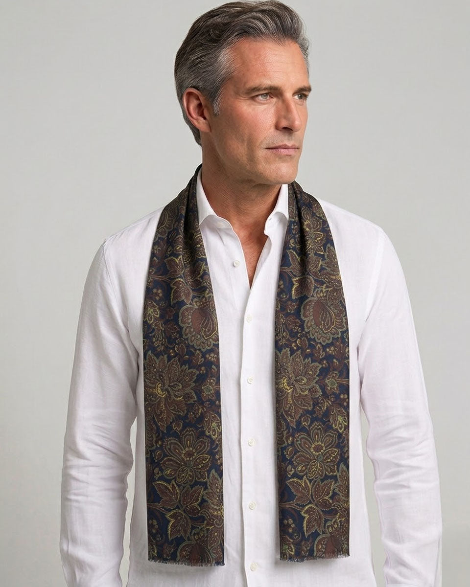Bufanda - Foulard Azul Oscuro con Diseño Marrón