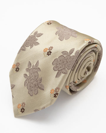 CORBATA BEIGE CON FLORES MARRON Y NARANJA