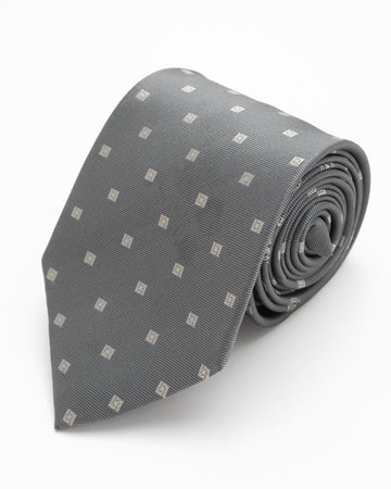 CORBATA GRIS CON CUADRADOS COLOR PLATA Y DISEÑO PAISLEY