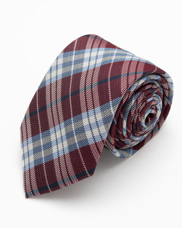 CORBATA VINO CON RAYAS CELESTES Y CUADROS BLANCOS