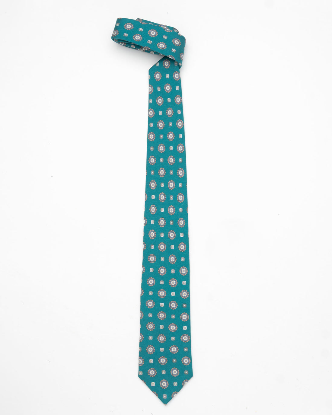 CORBATA VERDE JADE CON DISEÑO DE FLORES GRISES