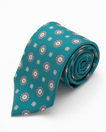 CORBATA VERDE JADE CON DISEÑO DE FLORES GRISES