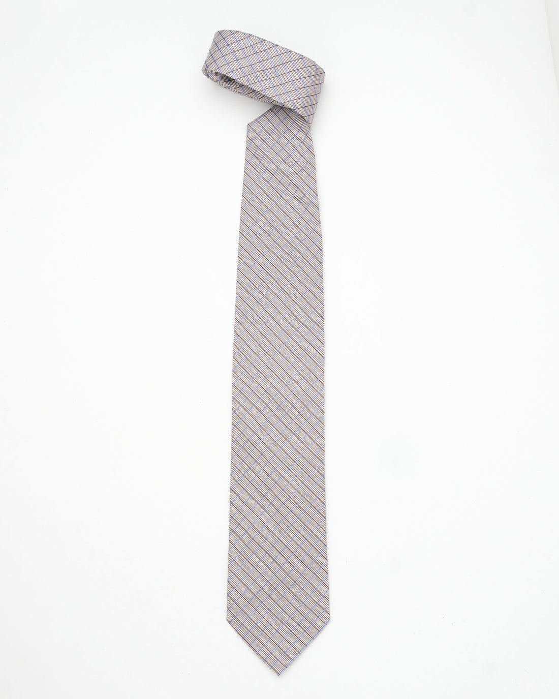 CORBATA GRIS CLARO CON DISEÑO DE LINEAS COBALTO Y MARRON QUE AL UNIRSE FORMAN CUADRADOS