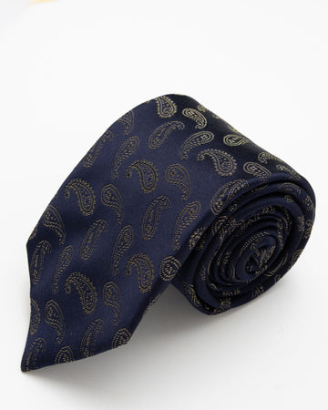 CORBATA AZUL CON DISEÑO PAISLEY EN HILOS DORADOS