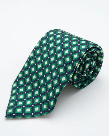 CORBATA AZUL CON DISEÑOS VERDES Y ROMBOS CREMAS