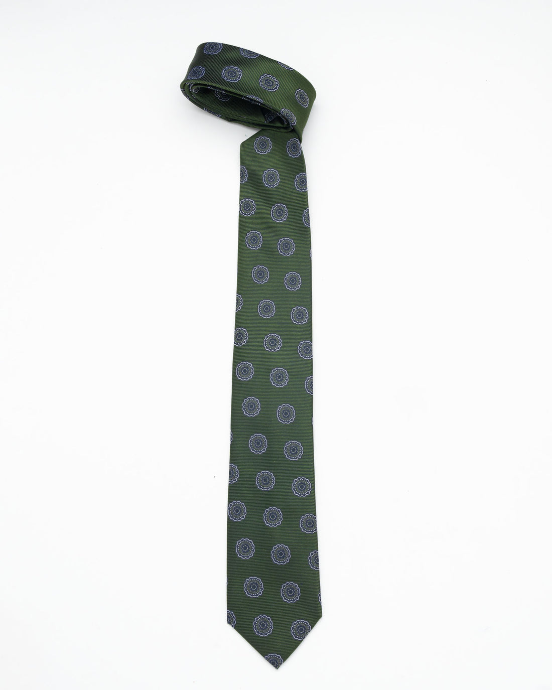 CORBATA VERDE PETROLEO CON DISEÑO DE FLORES AZULES CON HILOS PLATA