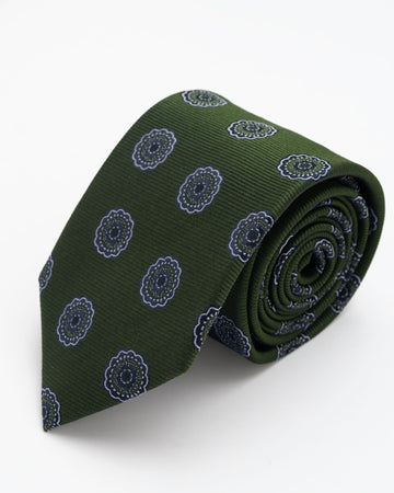 CORBATA VERDE PETROLEO CON DISEÑO DE FLORES AZULES CON HILOS PLATA