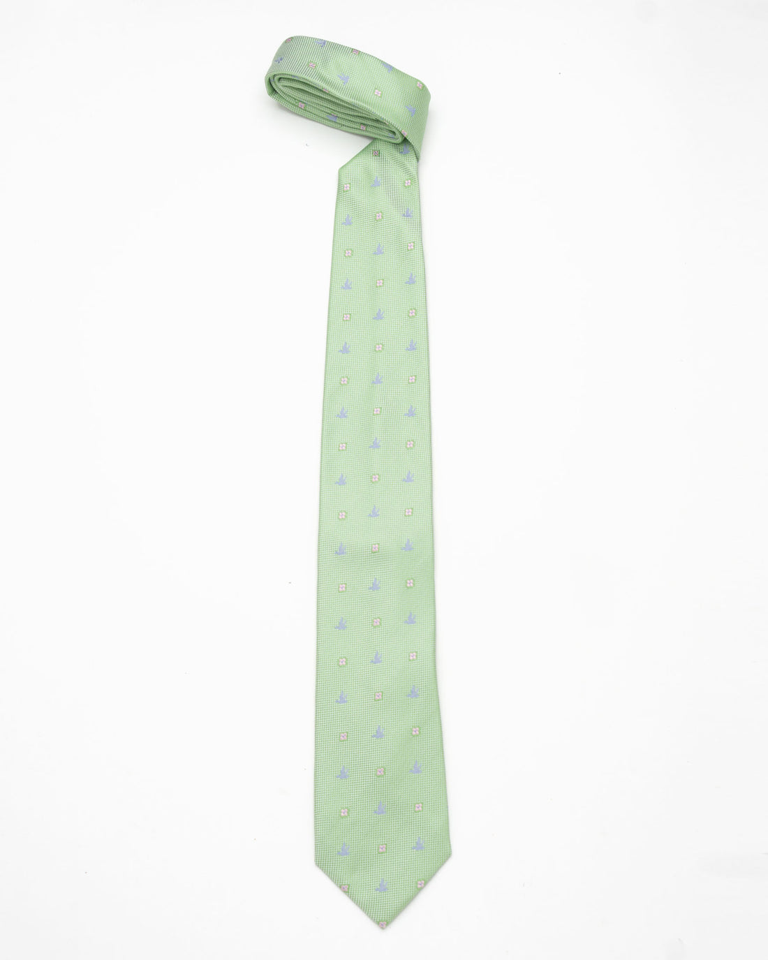 CORBATA VERDE PASTEL CON AVES AZULES Y FLORES ROSADOS