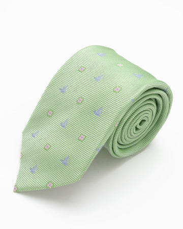 CORBATA VERDE PASTEL CON AVES AZULES Y FLORES ROSADOS