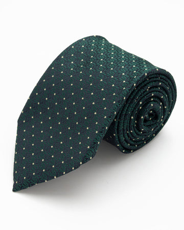 CORBATA VERDE OSCURO CON DISEÑO DE FLORES LABRADAS Y PUNTOS DORADOS