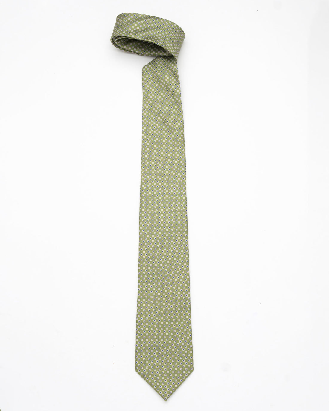CORBATA VERDE OLIVO CON DISEÑO DE MINI FLORES CREMA CON AZUL