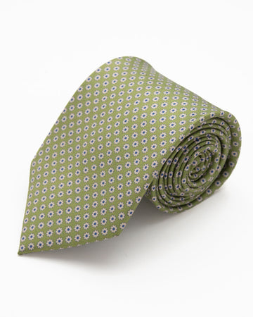 CORBATA VERDE OLIVO CON DISEÑO DE MINI FLORES CREMA CON AZUL