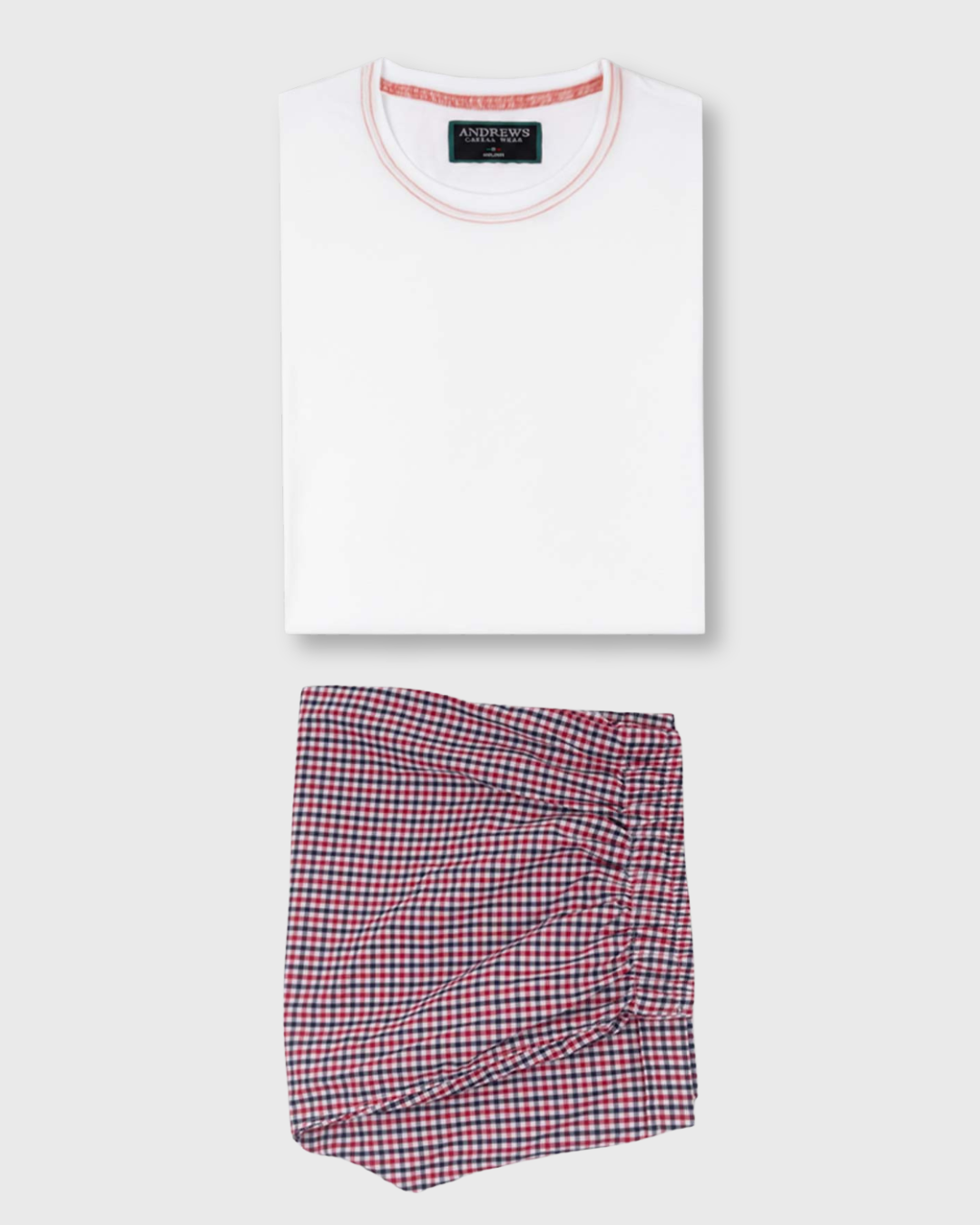 Pijama De Algodón Para Hombre Polo Blanco con Short a Cuadros Rojos y Azules