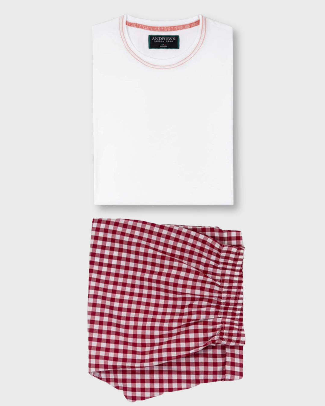 Pijama De Algodón Para Hombre Polo Blanco con Short a Cuadros Rojos