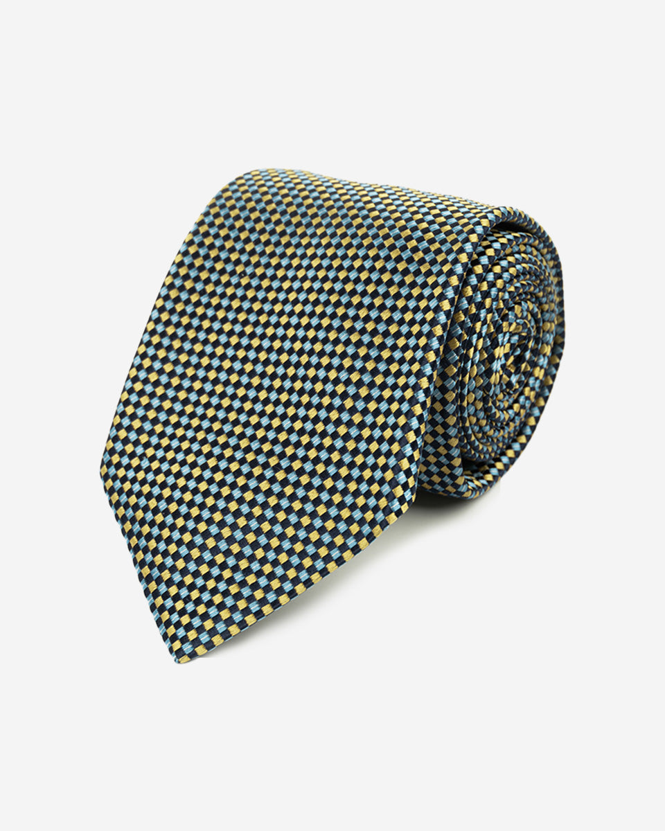 Corbata Azul con Diseño a Microcuadros Dorado y Azulino