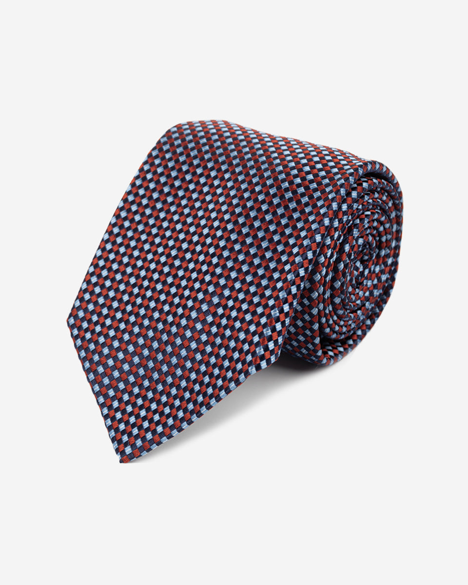 Corbata Azul con Diseño a Microcuadros Rojo y Azulino
