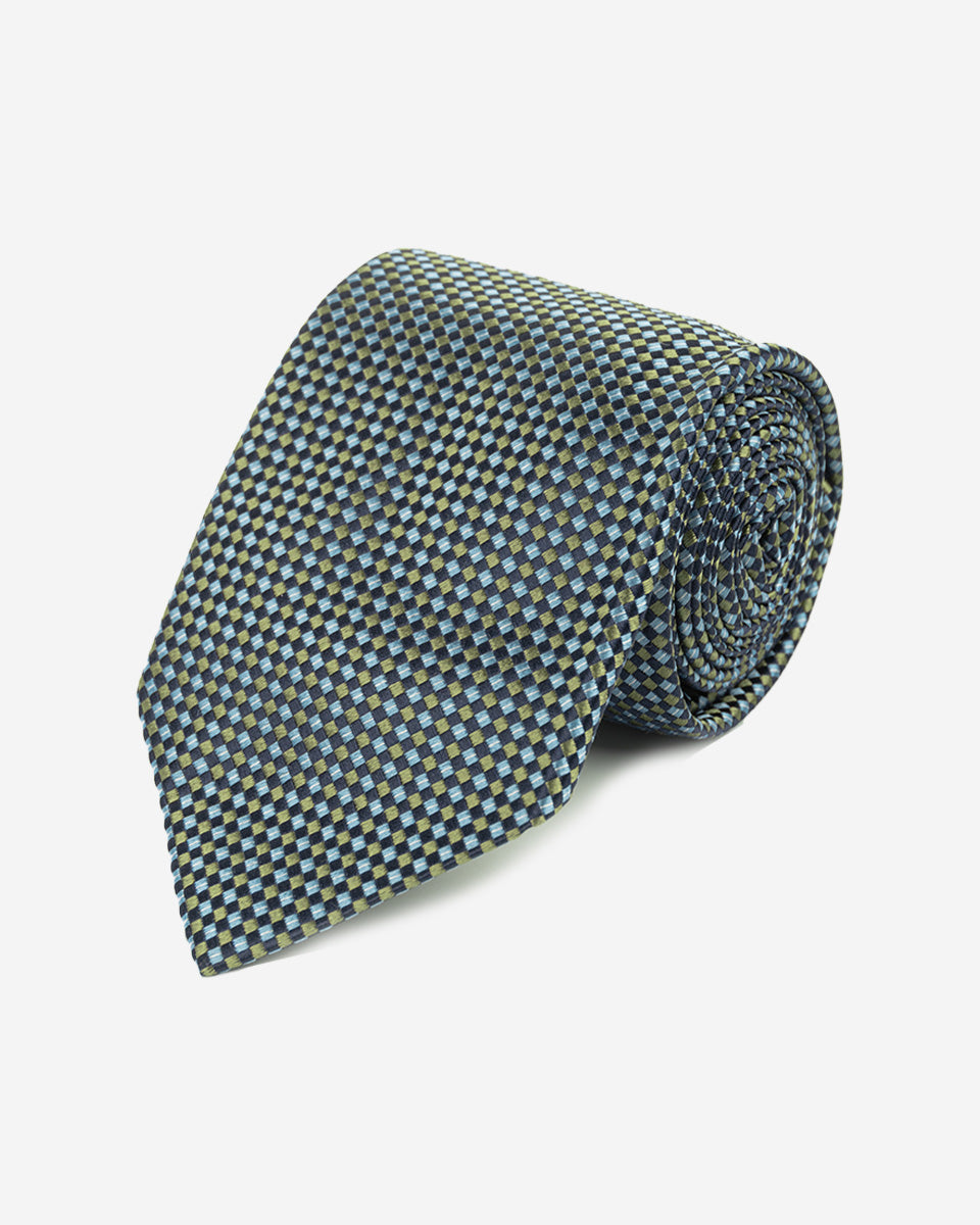 Corbata Azul con Diseño a Microcuadros Verde y Azulino