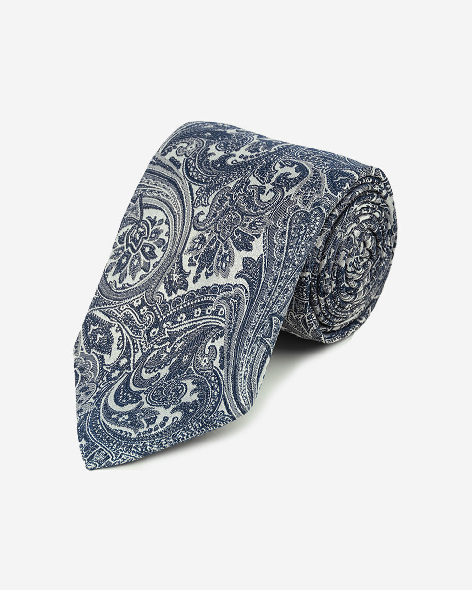 Corbata Plata con Diseño Paisley Azul