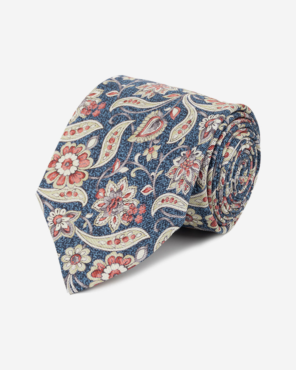 Corbata Azulino Jaspeado con Diseño Floral Paisley