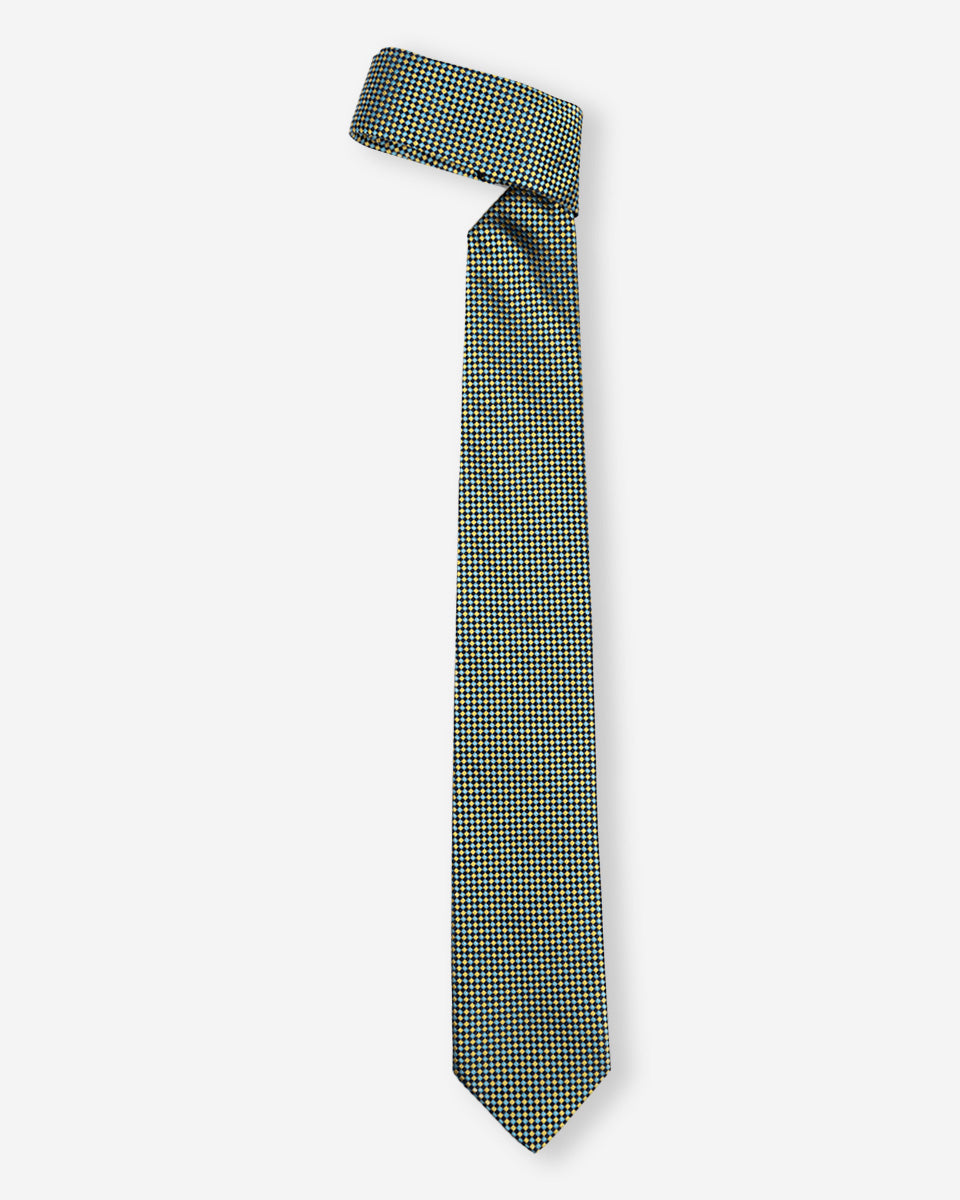 Corbata Azul con Diseño a Microcuadros Dorado y Azulino