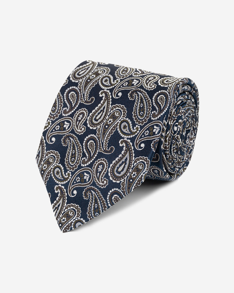 Corbata Azulino con Diseño Paisley en Tono Marrón