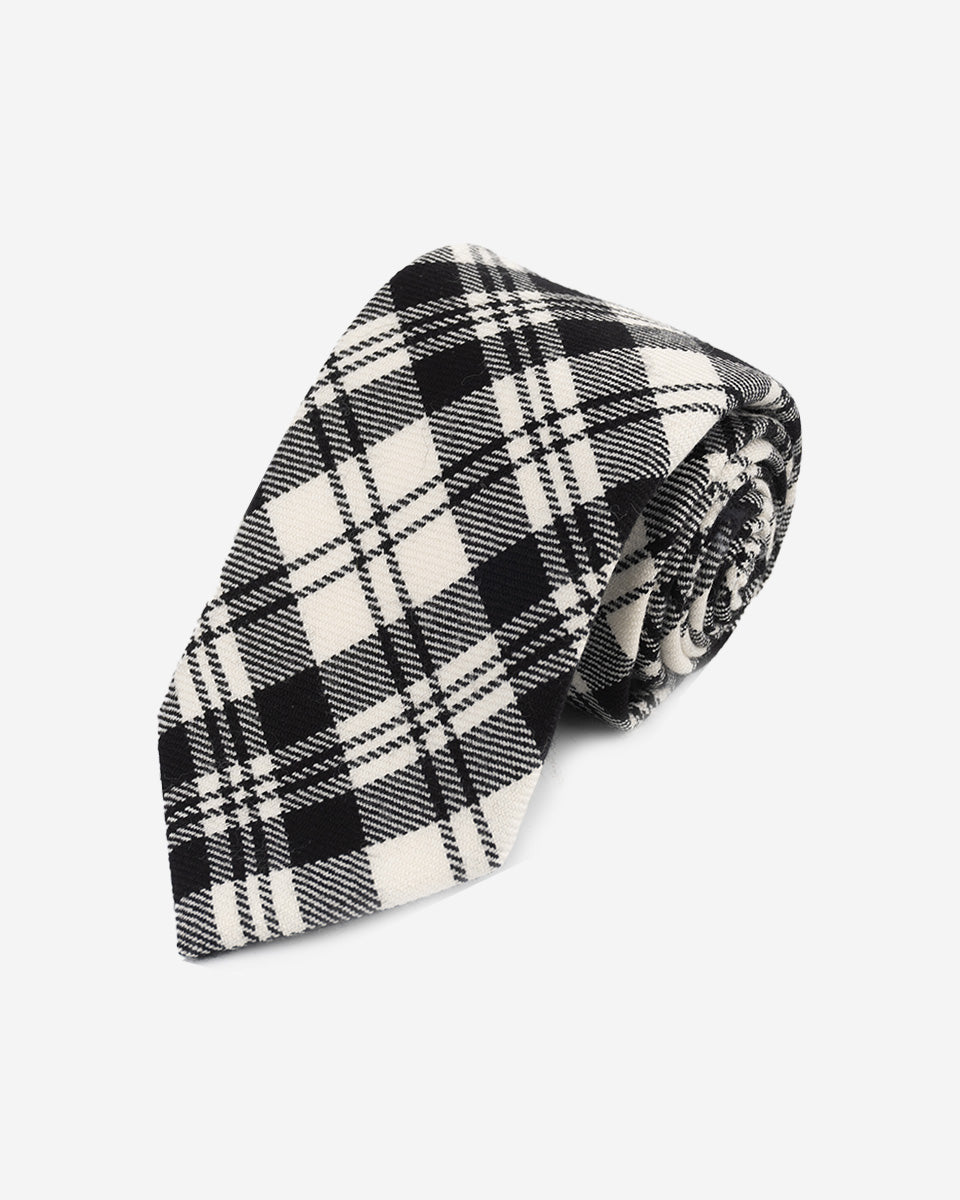 Corbata Blanca de Lana con Diseño Escocés Negro