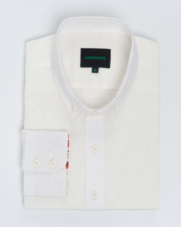 Camisa Casual Lino - cuello button-down  Puño redondo simple 2 botones -Blanco