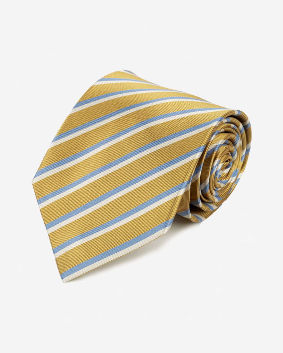 Corbata Dorada con Rayas Blancas y Celestes