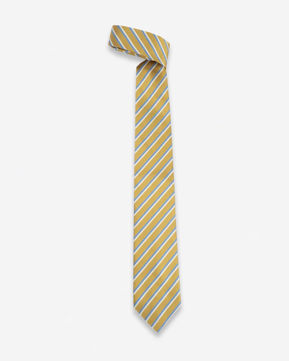 Corbata Dorada con Rayas Blancas y Celestes