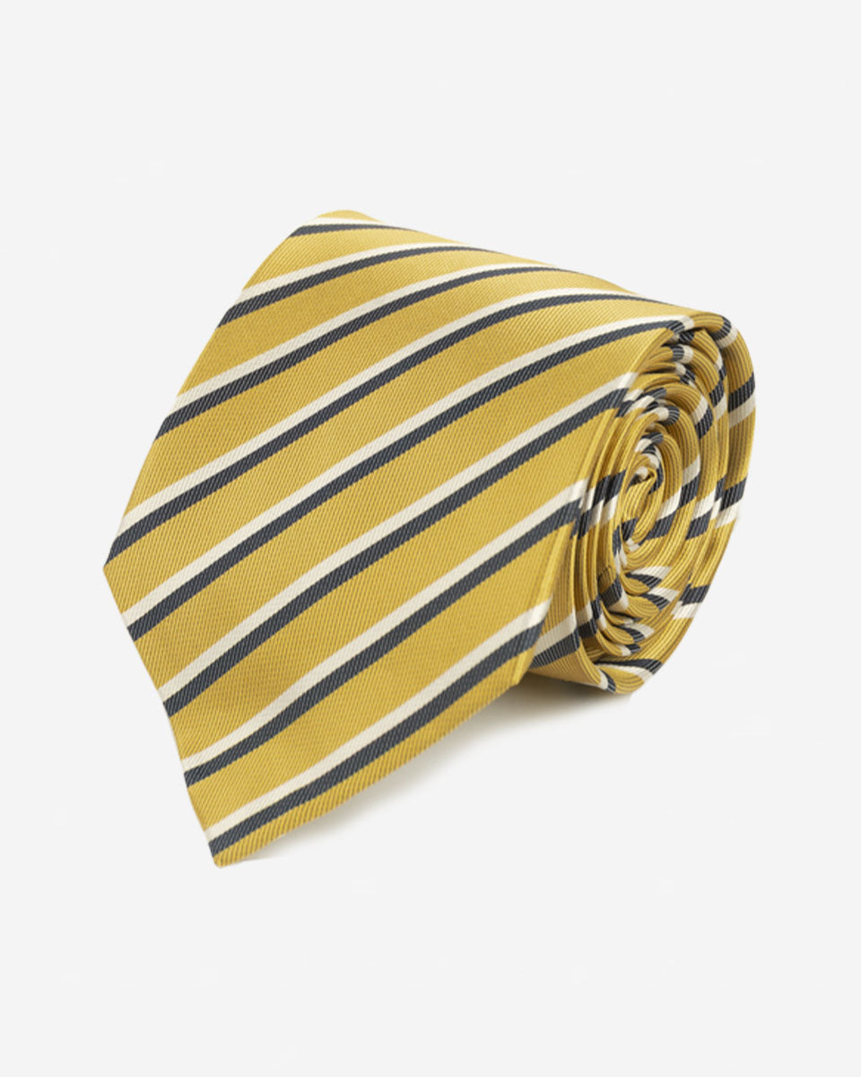 Corbata Dorada con Rayas Grises y Blancas