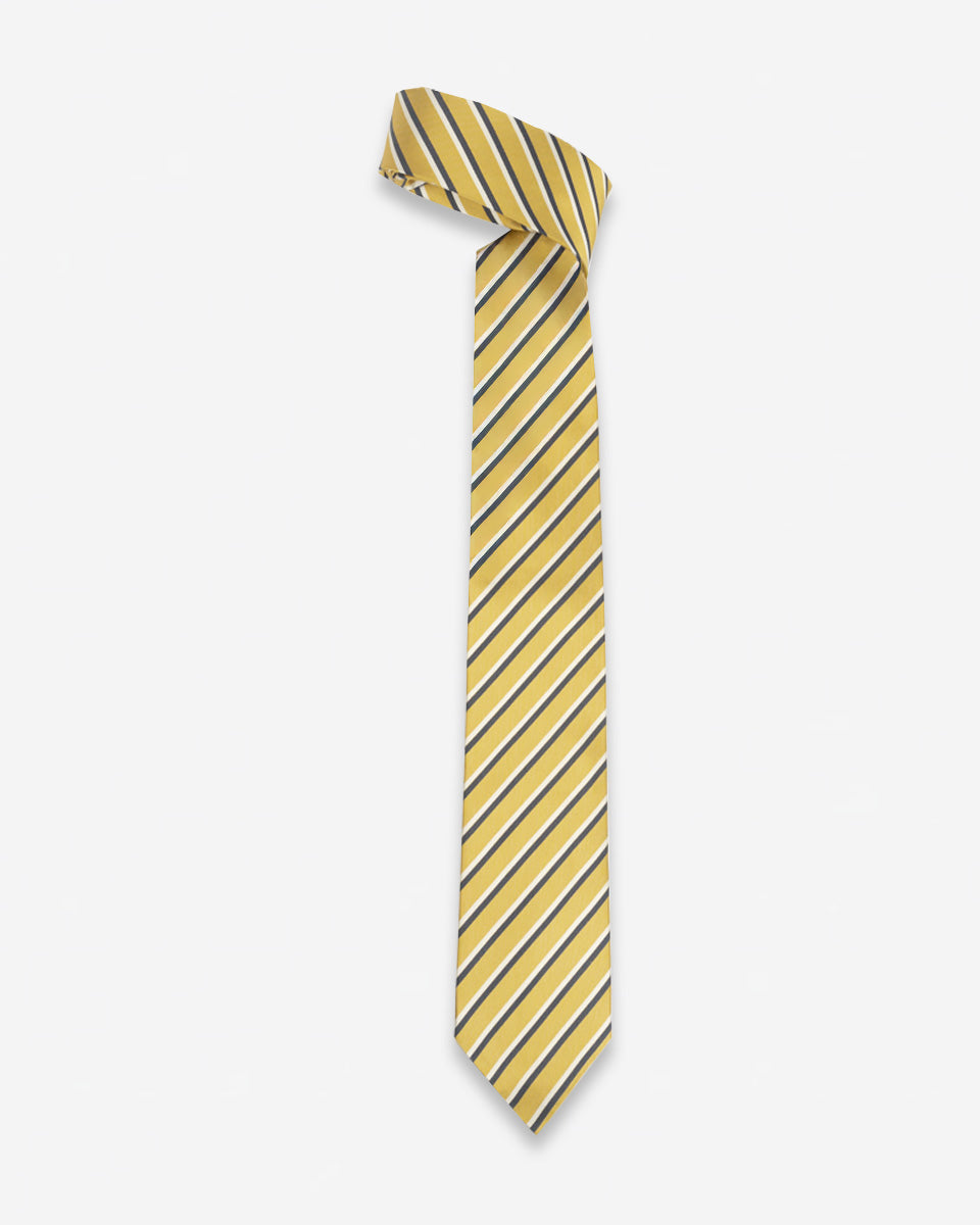 Corbata Dorada con Rayas Grises y Blancas