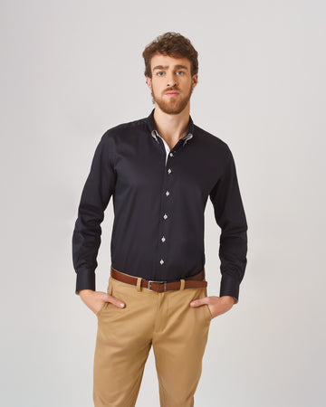 Camisa Casual Satinada - Azul con detalles Blancos