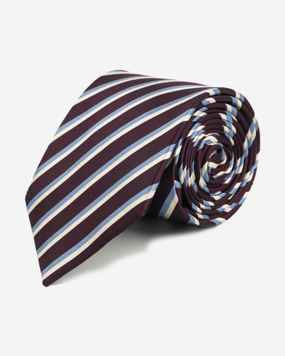 Corbata Guinda con Rayas Celestes y Blancas