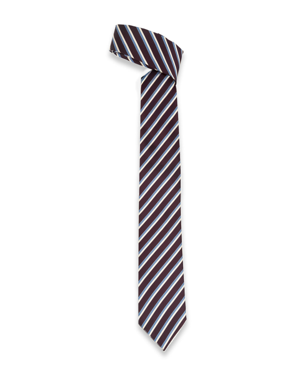 Corbata Guinda con Rayas Celestes y Blancas