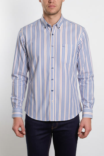 Camisa Casual A Rayas - Azul con Marrón Claro
