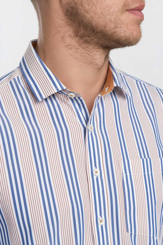 Camisa Casual A Rayas - Azul con Marrón claro